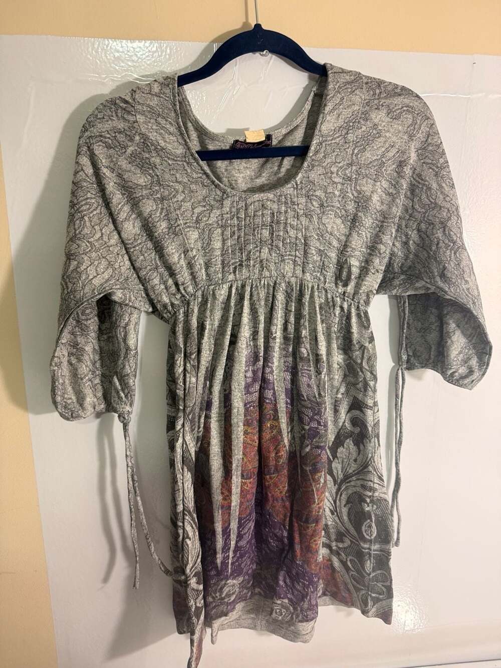 Volume One Dress Size L Gray Paisley Boho Print Empire Waist